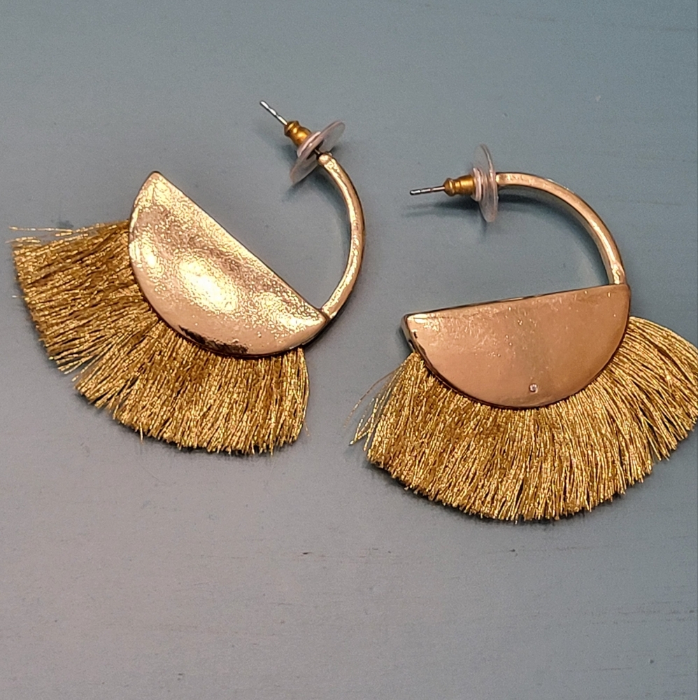 Gold boho tassel fringe hoop earrings